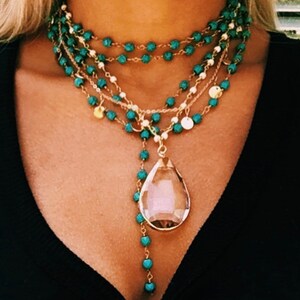 OOAK jewelry Stained Glass jewelry Long rosary chain Romantic necklace Vintage jewelry Soldered crystal prism pendant