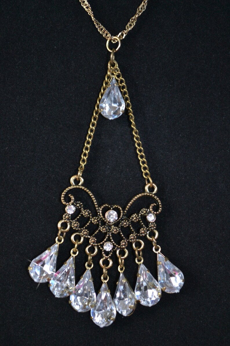 Retro 14 Karat Gold and Crystal Chandelier Necklace Hollywood Glam Ornate Pendant with Teardrops
