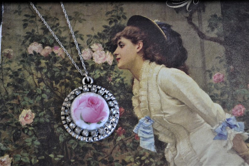 Spring Inspired Pink Rose Peony Pendant, Handmade Broken Vintage Royal Albert China Pendant, Upcycled Broken China Rhinestone Necklace image 3