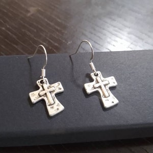 Silver Cross Earrings, 3D Silver Cross, Hammered Tibetan Silver Cross, Dainty Cross Earrings, Minimalist, Christian Jewelry, Small Cross