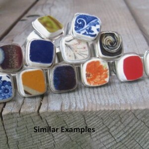 Repurposing Reusing Broken Dishes (Crockery), Broken China Jewelry Rings, Craft Ideas for Old Dishes, Rounded Square Ring, Pottery Shards image 2