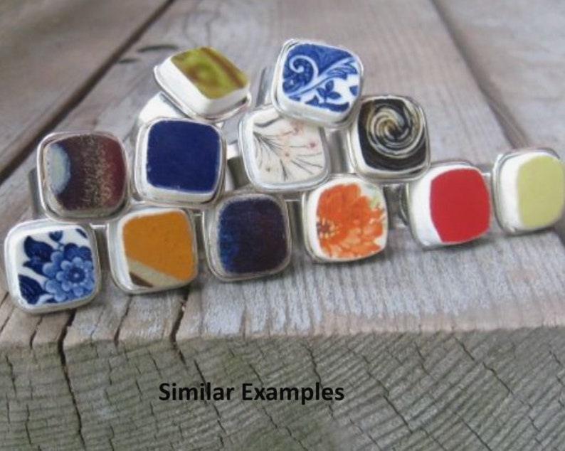 Repurposing Reusing Broken Dishes (Crockery), Broken China Jewelry Rings, Craft Ideas for Old Dishes, Rounded Square Ring, Pottery Shards image 2