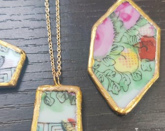Commission Custom Order, Recycled Broken China Jewelry, Hand Painted China, Chinese Canton Rose Broken Vase, Before and After DIY