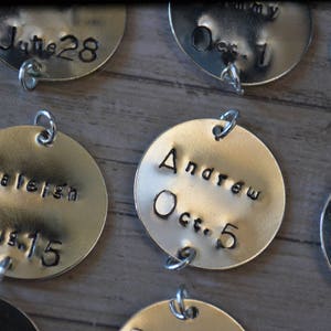 Birthday Tags, Name Tags, Date Tags, Gift Tags, Pet Tags, Metal Tags, Hand Stamped, Monogrammed, Engraved, Etched, Personalized, Round Disc