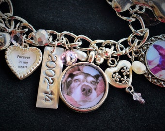 Personalized Charm Bracelet, Photo Jewelry, Unique Gift, Family Memento, Hand Stamped, Loss of Pet or Loved One, Pet Charm, Dog Photo Charms