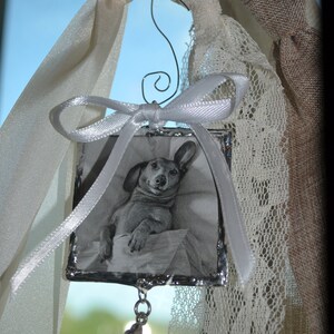 May include: A silver picture frame with a black and white photo of a dachshund dog. The frame is hanging from a white ribbon and has a silver bone charm.