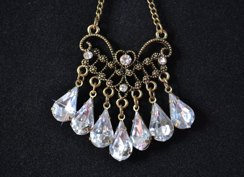 Retro 14 Karat Gold and Crystal Chandelier Necklace Hollywood Glam Ornate Pendant with Teardrops