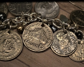 Coin Charm Bracelet, Coin Necklace, Coin Collection, Coin Pendant, Currency Coin Bracelet, Vintage Coin Bracelet, Vintage Jewelry, Money