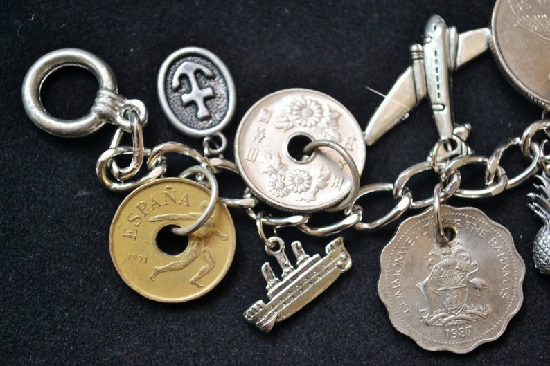 Travel Charm Bracelet, Foreign Coin Bracelet, Souvenir Charm Bracelet, Vacation Charms, Tokens, Coin Jewelry, Customized Assemblage Bracelet image 1