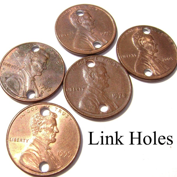 Coin Charm, Coin Pendant, Coin Button, Drilled Coins, Coin Link Charm, Vintage New Copper Lincoln Penny Coin Hole Drilled, 1 Cent made USA