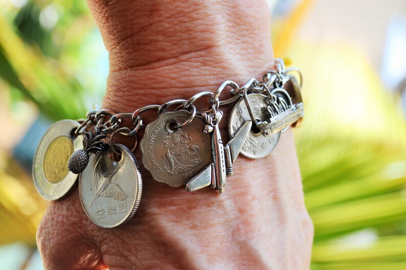 Travel Charm Bracelet, Foreign Coin Bracelet, Souvenir Charm Bracelet, Vacation Charms, Tokens, Coin Jewelry, Customized Assemblage Bracelet image 2