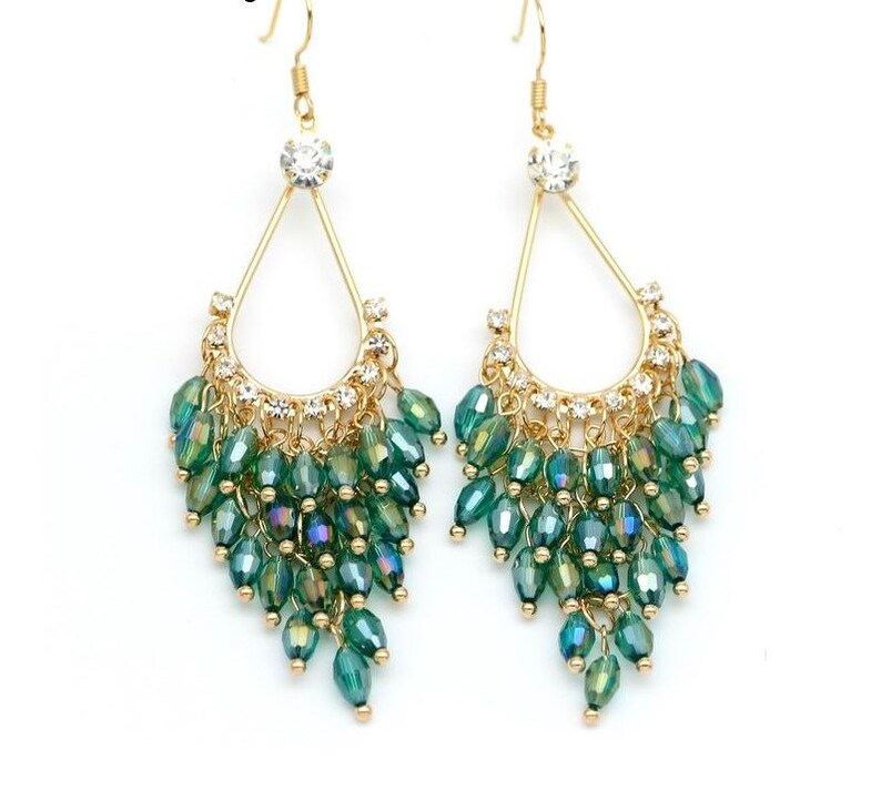 Green Statement Earrings Green Crystal Beads Long Earrings Etsy