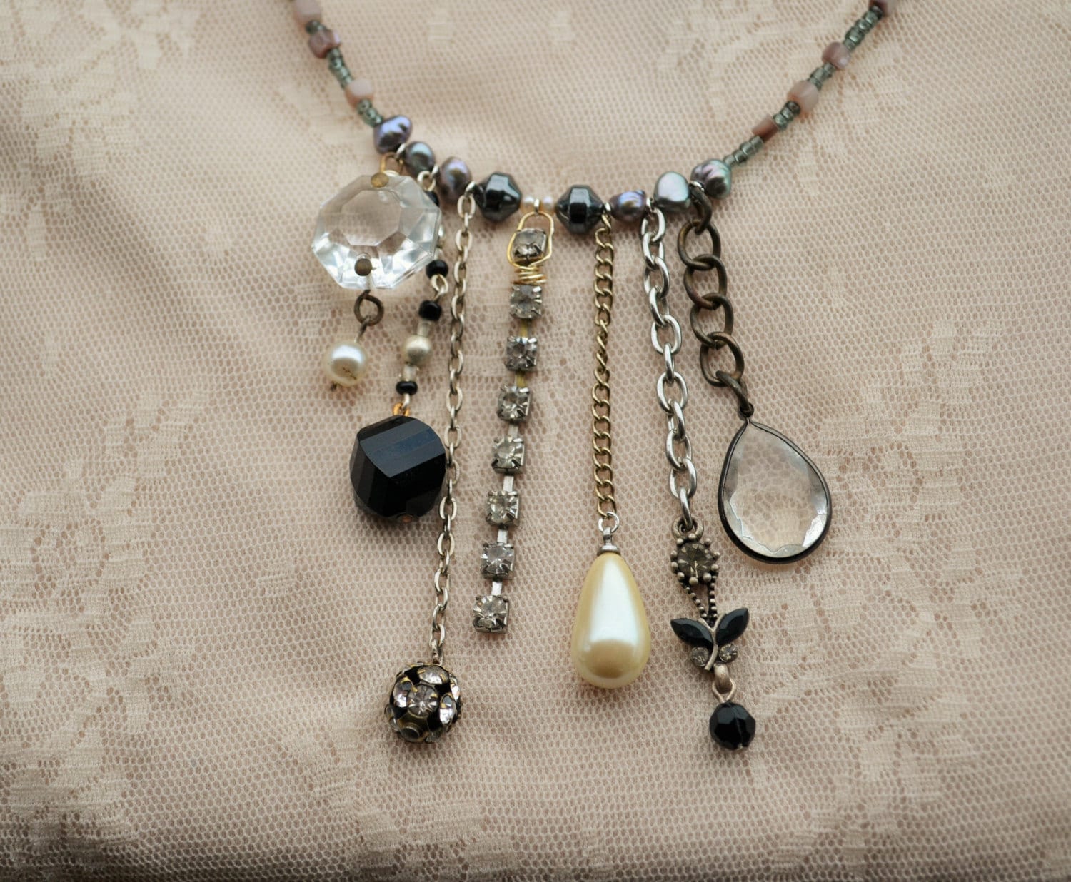 Vintage Assemblage Charm Necklace With Glass Czech Seed Beads Etsy