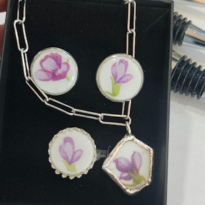 Commission Custom Order, Recycled Broken China Jewelry, Noritake Nancy Purple Flower China, Before and After DIY Plate to Pendant & Winecork