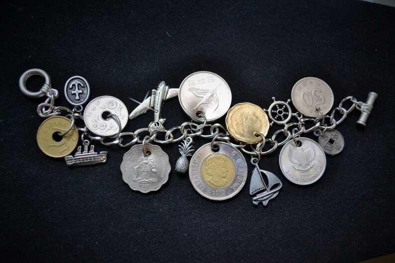 Travel Charm Bracelet, Foreign Coin Bracelet, Souvenir Charm Bracelet, Vacation Charms, Tokens, Coin Jewelry, Customized Assemblage Bracelet image 4