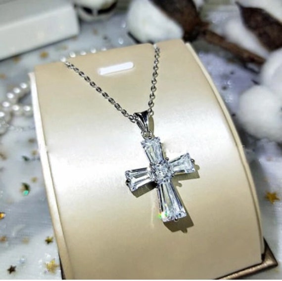 Silver Cross Pendant Necklace Crystal 