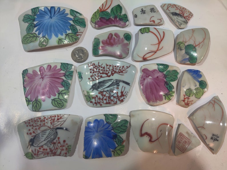 Vintage & Antique Broken China Porcelain Ceramic Pieces for Mosaics, Jewelry, Crafts, Blue Willow, Watercolor Roses, Birds, Blue and White image 5