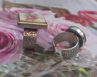 Adjustable Statement Ring, Broken China Ring, Recycled Broken Dishes, Broken China Jewelry, Custom Ring Setting, Hammered Silver Ring 18mm