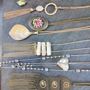 SALE CLEARANCE, Boho Necklaces, One of a Kind Jewelry, MotherOfPearl, Hammered, Vintage Assemblage, Long Vintage Necklaces, Beaded Necklaces