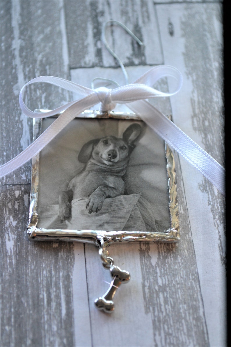 May include: A silver-framed photo ornament with a black and white image of a dog inside. The ornament has a white ribbon and a silver bone charm hanging from it.