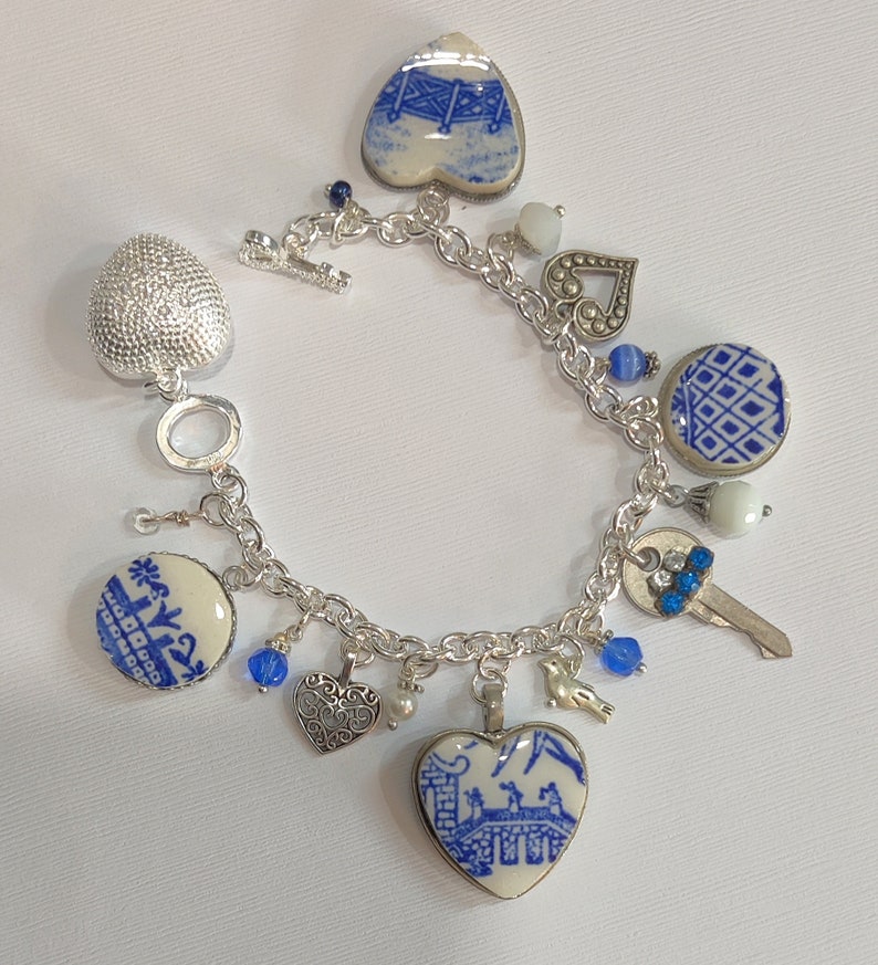 Recycled Blue Willow China Bracelet, Blue Willow Chunky Blue & White Charm Bracelet, Key To My Heart Jewelry, Broken China, Chinoiserie image 7