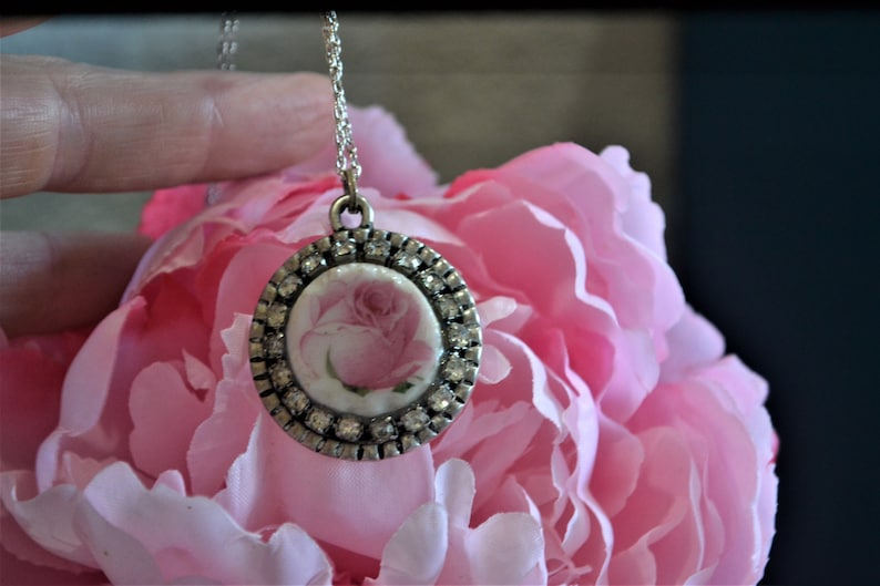 Spring Inspired Pink Rose Peony Pendant, Handmade Broken Vintage Royal Albert China Pendant, Upcycled Broken China Rhinestone Necklace image 10