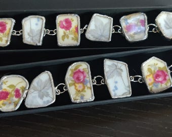 Broken China Jewelry, Sterling Silver Soldered Broken China Shard Bracelet, Antique Broken Plates, Irregular Shape Jewelry, Rose Dinnerware