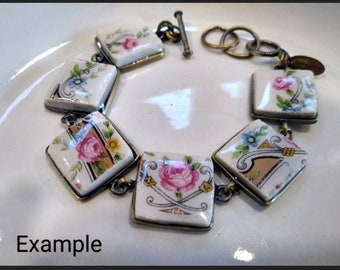 Recycled Vintage Lido W.S. George White Floral China Dinnerware, Repurposed Vintage Tea Cup into a Custom Bracelet, Recycled Dishes