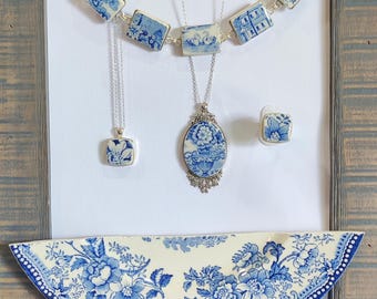 Commission Custom Order, Recycled Vintage Broken China Jewelry, Broken Porcelain China, Reduce Reuse Repurpose, Made To Order, Tonquin Blue