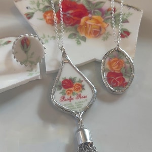 Commission Custom Order, Recycled Broken China Jewelry, Royal Albert Pacific Rose, Repurposed Vintage Dishes to Custom Rings and Key Chains