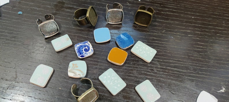 Repurposing Reusing Broken Dishes (Crockery), Broken China Jewelry Rings, Craft Ideas for Old Dishes, Rounded Square Ring, Pottery Shards image 6