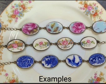 Hand Cut Oval Vintage China Bracelet, Matching Mother & Daughter Bracelets, Floral Chinoiserie, 20th Anniversary Gift, Blue Willow China