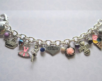 Gracie's First Charm Bracelet, Ballerina, Tutu, Princess Dress, Girl's Birthday, Rose Charm, Pink Roses, Ice Cream Cone, Soccer, Crown, Pink