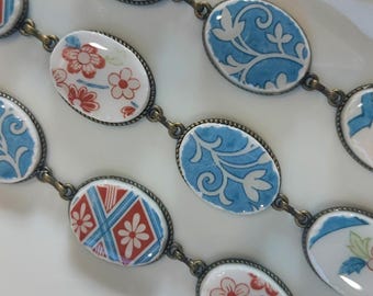 CUSTOM Hand Cut Oval Vintage China Bracelet, Blue & Orange, Noritake Ming Garden, Floral Chinoiserie, 20th Anniversary Gift, Valentines Day