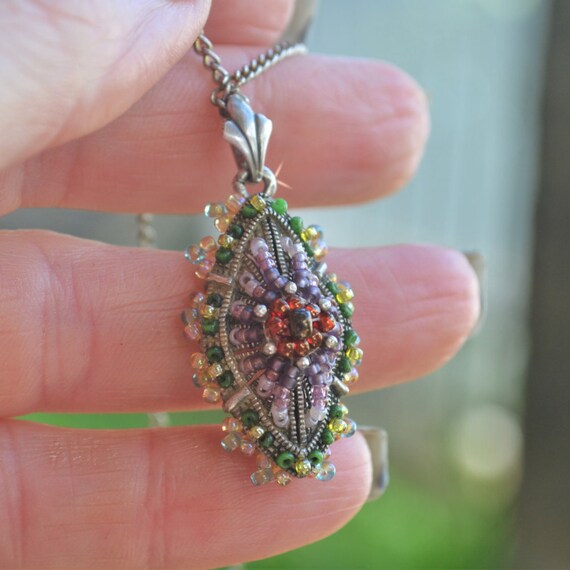 Japanese Glass Seed Bead Pendant Necklace, Vintage Ja… Gem