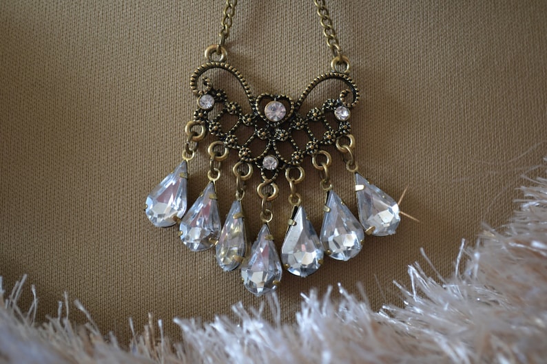 Retro 14 Karat Gold and Crystal Chandelier Necklace Hollywood Glam Ornate Pendant with Teardrops