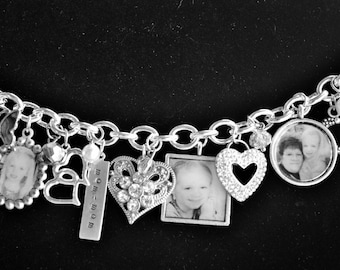 52nd Birthday Gift for Her, Custom Photo Charm Bracelet, Charm Necklace, Black and White, Personalized Photo Jewelry, Vintage Assemblage