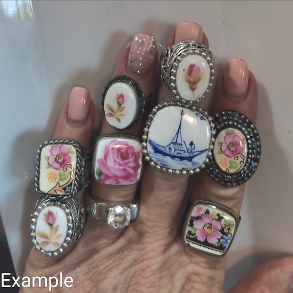 Bijoux en porcelaine brisée, bague vintage en porcelaine de Chine fabriquée à la main, roses Royal Albert, saule bleu, bague florale bouton de rose, roses vintage, chinoiseries