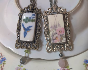 Broken China Pendant Necklace, Vintage China Dinnerware, Antique Blue Forget Me Not Blue Bird, Ornate Antique Pastel Pink and Gray Roses