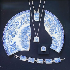 Vintage Royal Staffordshire Tonquin Blue Plate, Blue Broken Pottery China, Repurposed Jewelry, Upcycled Broken 20th Anniversary Gift for Her