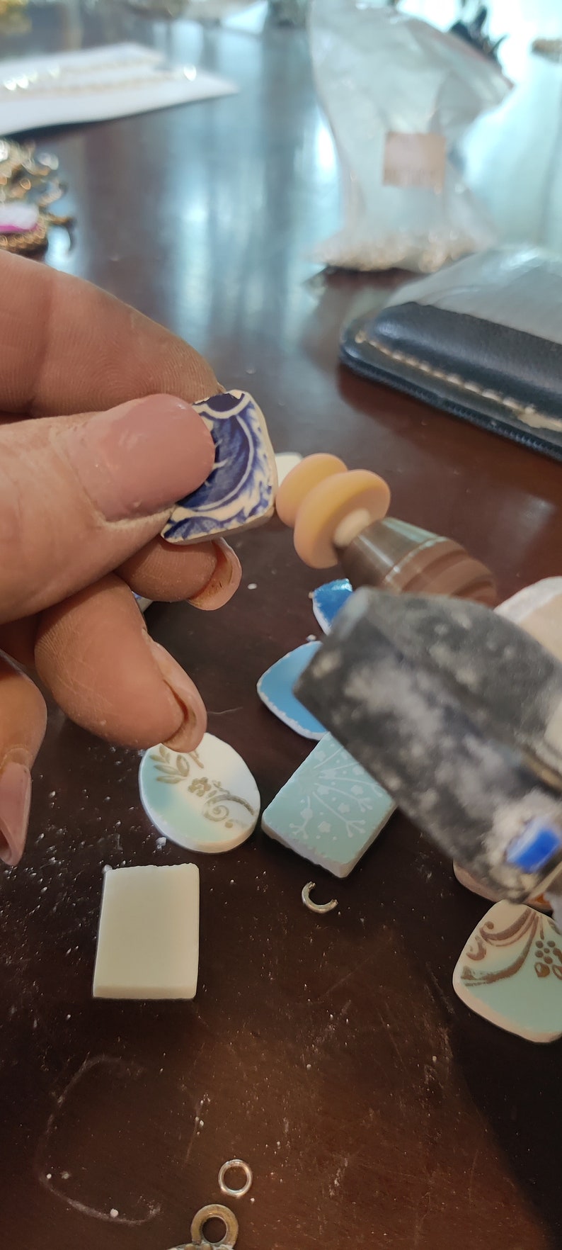 Repurposing Reusing Broken Dishes (Crockery), Broken China Jewelry Rings, Craft Ideas for Old Dishes, Rounded Square Ring, Pottery Shards image 5
