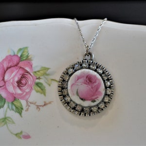 Spring Inspired Pink Rose Peony Pendant, Handmade Broken Vintage Royal Albert China Pendant, Upcycled Broken China Rhinestone Necklace image 8