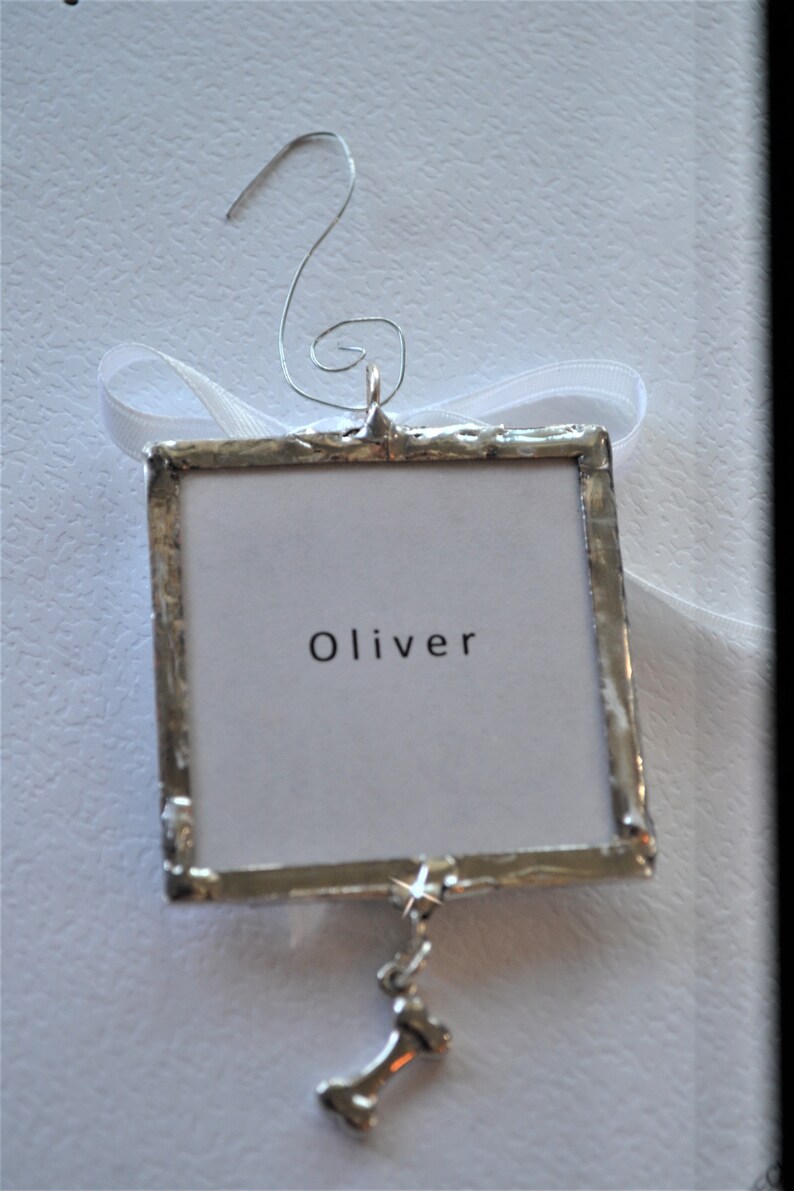 May include: Silver-toned ornament with a white card that says "Oliver" and a silver bone charm.