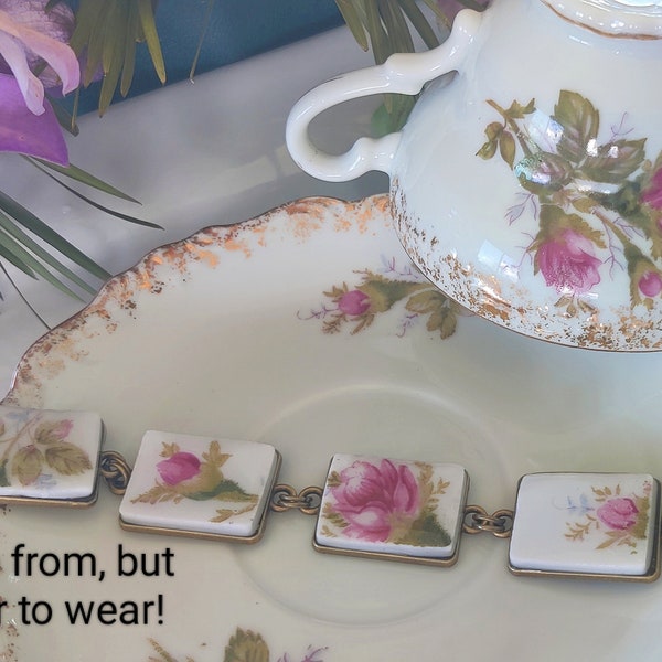 Broken Teacup, Moss Rose, Broken China Jewelry, Broken Plate, Upcycled Limoges, Havilland, Spode, Afternoon Tea, Teatime, Rose Bracelet