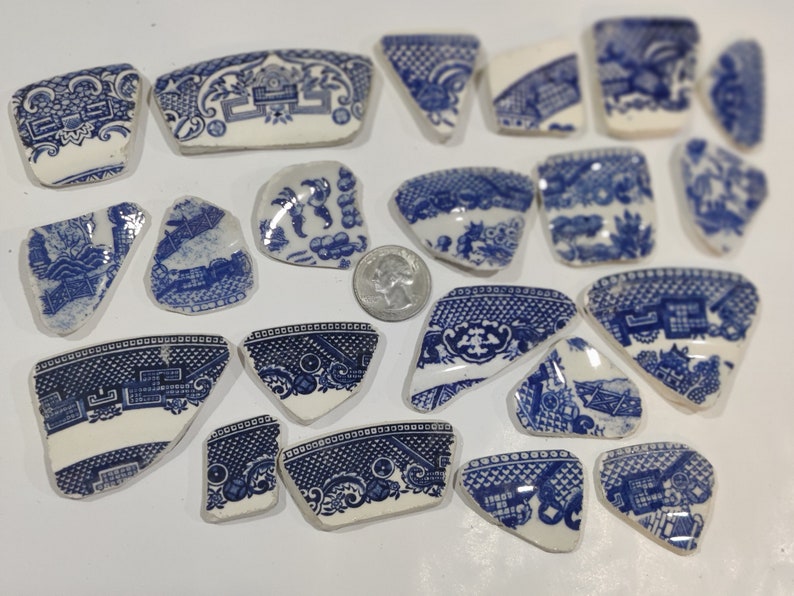 Vintage & Antique Broken China Porcelain Ceramic Pieces for Mosaics, Jewelry, Crafts, Blue Willow, Watercolor Roses, Birds, Blue and White image 7