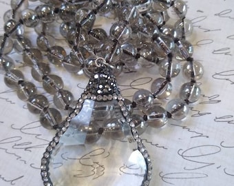 Vintage Glass Chandelier Crystal Necklace, Glass Knotted Beads, Faceted French Chandelier Prism, Gray Crystal Studded Pendant, MicroPave