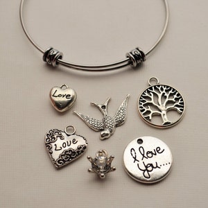 Peut inclure: Un bracelet à breloques argenté avec une variété de breloques, dont un cœur avec le mot "Love" dessus, un arbre de vie, un oiseau, une couronne et un cercle avec les mots "I love you..." dessus.