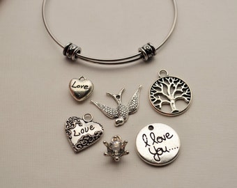 Bangle Charm Bracelet, Wire Cuff Charm Bracelet, Adjustable and Expandable Charm Bracelets with Photo Charms and Hand Stamped Metal Tags