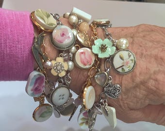 Broken China Charm Bracelet, Charm Necklace, Broken China Jewelry, Unique Shabby Chic Jewelry, Original Jewelry, Gold/Silver Charm Bracelet