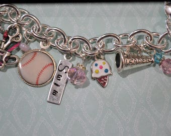 Girl's 11th Birthday Charm Bracelet, T Ball, Tee Ball, Ice Cream, Art, Cheerleader, Cupcakes, Dogs, Dachshund, Swimming, Initial Charm